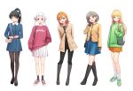  5girls :d :o ;) arashi_chisato arm_at_side arm_warmers arms_behind_back bag bangs black_footwear black_hair black_legwear black_pants black_shirt blonde_hair blue_eyes blue_jacket blue_skirt blunt_bangs blush boots bow bow_hairband breast_pocket brown_jacket brown_legwear buttons clothes_writing collared_shirt commentary crossed_legs deadnooodles double_bun eyebrows_visible_through_hair footwear_bow full_body green_eyes green_footwear green_sweater grey_footwear grey_hair hair_behind_ear hair_between_eyes hair_bow hairband hand_on_own_cheek hand_on_own_face hand_up handbag hands_up hazuki_ren heanna_sumire high_ponytail highres jacket knee_boots long_hair long_sleeves looking_at_viewer love_live! love_live!_superstar!! miniskirt multiple_girls one_eye_closed open_clothes open_jacket open_mouth orange_hair orange_hairband orange_skirt own_hands_together pants pants_tucked_in pantyhose parted_lips pink_eyes pink_footwear pink_sweater plaid plaid_jacket plaid_skirt pleated_skirt pocket ponytail purple_eyes shibuya_kanon shirt shoes short_hair shoulder_bag simple_background skirt sleeves_past_wrists smile sneakers socks standing sweater swept_bangs tang_keke teeth twintails upper_teeth watson_cross white_background white_bow white_hairband white_legwear white_shirt white_skirt yellow_eyes yellow_jacket 