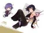  1girl bangs black_hair bleach blue_eyes blunt_bangs cat chibi commentary_request dated detached_sleeves flat_chest heart highres null_suke purple_hair shihouin_yoruichi shihouin_yoruichi_(cat) short_hair side_slit signature solo sui-feng translation_request 