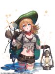  1girl :o belt belt_buckle black_belt black_gloves black_shirt blonde_hair blue_eyes blush bound breasts brown_shorts buckle cleavage commentary_request cowboy_shot eyebrows_visible_through_hair floating_hair gloves green_headwear grey_jacket hair_between_eyes hat holding holding_lantern jacket kt._(kaisou-notagui) lantern large_breasts long_hair long_sleeves looking_at_viewer mahou_tsukai_to_kuroneko_no_wiz midriff navel red_scarf scarf shirt short_shorts shorts solo standing stomach sun_hat tied_up_(nonsexual) torn_clothes torn_shirt wading white_background 