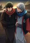  2boys bangs black_hair black_jacket black_kimono blue_scarf blush cigarette closed_eyes commentary_request gintama grey_hair hair_between_eyes hand_on_another&#039;s_shoulder highres hijikata_toushirou jacket jacket_on_shoulders japanese_clothes kimono male_focus mouth_hold multiple_boys outdoors parted_lips red_scarf sakata_gintoki scarf smoke smoking sunrise uraki_(tetsu420) white_kimono 