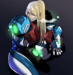  1girl arm_cannon blonde_hair breath glowing gradient gradient_background headwear_removed helmet helmet_removed kukumomo looking_to_the_side metroid metroid_dread ponytail samus_aran serious solo squatting sweat weapon 