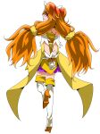  1girl absurdres amanogawa_kirara arm_strap bangs boots brown_hair closed_mouth commentary cure_twinkle ebura_din eyebrows_visible_through_hair floating_hair from_behind full_body gloves go!_princess_precure gradient_hair high_heel_boots high_heels highres layered_skirt long_hair looking_back miniskirt multicolored_hair own_hands_clasped own_hands_together precure profile purple_eyes purple_skirt shiny shiny_hair simple_background skirt smile solo thigh_boots thighhighs twintails very_long_hair white_background white_footwear white_gloves zettai_ryouiki 