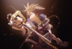  1boy belt blurry crown_(symbol) dark_background depth_of_field fingerless_gloves gloves highres hood hoodie jewelry keyblade kingdom_hearts kingdom_hearts_i kingdom_key looking_to_the_side loose_belt necklace open_clothes open_hoodie smile solo sora_(kingdom_hearts) sparkle spiked_hair super_smash_bros. tsu-an upper_body zipper 