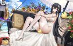  1girl absurdly_long_hair absurdres ahoge alcohol armlet ass azur_lane bangs bare_shoulders beach_umbrella bird black_hair bottle bracelet breasts cc_xiaotintin chinese_commentary cleavage closed_mouth cloud cocktail_glass couch crossed_bangs cup drinking_glass earrings flower full_body high_heels highres hummingbird jewelry knee_up large_breasts liquor long_hair looking_at_viewer manjuu_(azur_lane) no_panties ocean official_alternate_costume outdoors pale_skin plant potted_plant red_eyes ring rose sidelocks silver_footwear solo sunflower taihou_(azur_lane) taihou_(temptation_on_the_sea_breeze)_(azur_lane) umbrella very_long_hair water wedding_ring white_legwear wine_bottle 