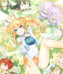  1girl bare_shoulders blue_eyes blush breasts character_doll covered_navel elbow_gloves giga-tera gloves hair_between_eyes hair_rings happy hat highres leotard long_hair looking_at_viewer medium_breasts neptune_(series) one_eye_closed open_mouth orange_hair orange_heart power_symbol shield shin_jigen_game_neptune_vii skin_tight smile solo symbol-shaped_pupils twintails v white_gloves white_leotard 