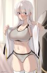  1girl alternate_costume azur_lane bangs bare_shoulders black_coat black_legwear blue_eyes blush bra breasts cleavage coat collarbone collared_shirt commentary_request eagle_union_(emblem) enterprise_(azur_lane) gold_trim grey_bra grey_eyes grey_panties hat highres large_breasts long_hair midriff morino_(harpoomoss) panties peaked_cap shirt sideboob silver_hair solo sports_bra sportswear stomach sweat thighhighs thighs toned underwear undressing very_long_hair white_hair white_shirt 