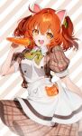  1girl :d ahoge animal_ears apron bangs blush breasts carrot cat_ears commentary_request fate/grand_order fate_(series) food fujimaru_ritsuka_(female) galibo hair_ornament hair_scrunchie highres holding holding_carrot holding_food looking_at_viewer name_tag one_side_up open_mouth orange_eyes orange_hair puffy_short_sleeves puffy_sleeves scrunchie short_hair short_sleeves smile solo waist_apron waitress 