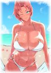  1girl abs absurdres bangs bare_shoulders beach bikini blue_sky blush boudica_(fate) breasts cleavage collarbone commentary fate/grand_order fate_(series) green_eyes highres large_breasts looking_at_viewer navel ocean one_eye_closed red_hair shining_goddess shore short_ponytail sky smile solo swimsuit thighs wet white_bikini zumizu 