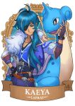  1boy absurdres bangs banner belt blue_hair brown_gloves character_name commentary crossover english_commentary eyebrows_visible_through_hair eyepatch fingerless_gloves fur_scarf genshin_impact gloves grey_eyes hair_between_eyes highres kaeya_(genshin_impact) lapras long_hair long_sleeves looking_at_viewer pokemon pokemon_(creature) ry-spirit sidelocks vision_(genshin_impact) 