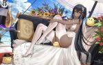  1girl absurdly_long_hair absurdres ahoge alcohol alternate_skin_color armlet ass azur_lane bangs bare_shoulders beach_umbrella bird black_hair bottle bracelet breasts cc_xiaotintin chinese_commentary cleavage closed_mouth cloud cocktail_glass couch crossed_bangs cup dark-skinned_female dark_skin drinking_glass earrings flower full_body high_heels highres hummingbird jewelry knee_up large_breasts liquor long_hair looking_at_viewer manjuu_(azur_lane) no_panties ocean official_alternate_costume outdoors plant potted_plant red_eyes ring rose sidelocks silver_footwear solo sunflower taihou_(azur_lane) taihou_(temptation_on_the_sea_breeze)_(azur_lane) tan umbrella very_long_hair water wedding_ring white_legwear wine_bottle 