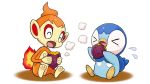  &gt;_&lt; blush chimchar closed_eyes commentary_request eating fangs fire flame flying_sweatdrops holding no_humans official_art open_mouth piplup pokemon pokemon_(creature) project_pochama sitting toes tongue white_background 