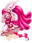 1girl :d absurdres animal_ears bangs blush bow bowtie choker cure_whip earrings ebura_din eyebrows_visible_through_hair floating_hair full_body gloves hair_between_eyes high_heels highres jewelry kirakira_precure_a_la_mode long_hair miniskirt open_mouth pink_hair precure rabbit_ears red_bow red_bowtie red_choker red_eyes red_footwear shirt short_sleeves simple_background skirt smile solo twintails usami_ichika very_long_hair white_background white_gloves white_shirt 