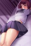  1girl ass blurry blurry_background blush bra_visible_through_clothes eyebrows_visible_through_hair hair_ornament hairclip huyumitsu infirmary kneepits looking_at_viewer lying on_bed on_stomach original school_uniform serafuku short_hair skirt solo thighs 