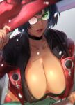 1girl anima_(togashi) bare_shoulders black_hair breasts choker chromatic_aberration cleavage collarbone electric_guitar fingerless_gloves glasses gloves guilty_gear guilty_gear_strive guitar hat highres i-no instrument large_breasts mole mole_above_mouth opaque_glasses parted_lips partially_opaque_glasses red_eyes red_headwear short_hair solo upper_body witch_hat 