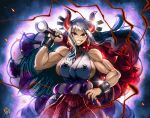  1girl artist_name aura bangs bare_arms bare_shoulders biceps blue_hair breasts club_(weapon) commentary cowboy_shot cuffs curled_horns earrings floating_hair grin hair_ornament hair_stick hakama hand_on_hip highres hoop_earrings horns japanese_clothes jewelry kanabou kimono large_breasts lips long_hair looking_at_viewer multicolored_hair muscular muscular_female one_piece oni over_shoulder red_eyes red_horns rope shackles shimenawa sideboob sleeveless sleeveless_kimono smile solo spiked_club spikes the_golden_smurf v-shaped_eyebrows very_long_hair weapon weapon_over_shoulder white_hair yamato_(one_piece) 