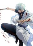  1boy black_footwear black_pants black_shirt blood blood_on_clothes blood_on_face blood_on_hands bokken boots commentary_request gintama grey_hair hadanugi_dousa highres holding holding_sword holding_weapon japanese_clothes kimono knee_boots long_sleeves looking_at_viewer male_focus pants parted_lips red_eyes ribbon-trimmed_sleeves ribbon_trim sakata_gintoki shirt short_sleeves simple_background smile solo sword twitter_username uraki_(tetsu420) weapon white_background white_kimono wide_sleeves wooden_sword 