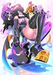  1girl alternate_breast_size boots breasts cleavage curvy detached_sleeves floating gengar hakkasame halloween hat haunter hex_maniac_(pokemon) high_heel_boots high_heels highres jack-o&#039;-lantern mimikyu nun pokemon pokemon_(creature) pokemon_(game) pokemon_xy thigh_boots thighhighs witch_hat 