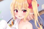  1girl :d bangs bare_shoulders blonde_hair blurry blurry_background blush bow collarbone commentary_request cropped crystal electric_socket eyebrows_visible_through_hair fang flandre_scarlet floppy_sleeves hair_between_eyes hair_bow hand_up highres indoors looking_at_viewer miy@ no_hat no_headwear off_shoulder one_side_up open_mouth pointy_ears red_bow red_eyes rug shirt short_hair sleeves_past_fingers sleeves_past_wrists smile solo touhou wall white_shirt wings wooden_floor 