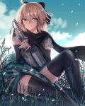  1girl absurdres ahoge anonamos artist_name black_scarf blonde_hair blue_sky cloud commentary fate/grand_order fate_(series) field grass hair_between_eyes haori highres japanese_clothes katana long_scarf looking_at_viewer okita_souji_(fate) okita_souji_(koha/ace) scarf sheath sheathed short_hair sky smile solo sword thighhighs thighs twitter_username weapon yellow_eyes 