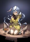  1girl animal_ears bangs blue_background blue_hair brat carrot closed_mouth commentary cosplay full_body gradient gradient_background highres hololive hood hoodie hug indoors little_nightmares long_hair long_sleeves looking_at_another looking_down nome_(little_nightmares) one_eye_closed orange_eyes rabbit_ears six_(little_nightmares) six_(little_nightmares)_(cosplay) smile squatting stage thick_eyebrows twintails usada_pekora virtual_youtuber white_footwear yellow_hoodie yellow_raincoat 