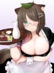  1girl absurdres animal_ears black_dress blush breasts brown_hair cleavage closed_mouth commentary_request covered_nipples dress food futatsuiwa_mamizou green_eyes hair_ornament hairclip highres holding holding_tray kozue_akari large_breasts leaf leaf_on_head looking_at_viewer maid medium_hair one_eye_closed pince-nez puffy_short_sleeves puffy_sleeves purple_background raccoon_ears raccoon_tail shirt short_sleeves smile solo tail touhou tray waitress white_shirt wrist_cuffs 