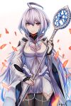  1girl absurdres ahoge artist_name blush breasts cowboy_shot fate/grand_order fate_(series) fingerless_gloves gloves grey_hair hair_between_eyes highres kb-5 looking_at_viewer mage_staff medium_breasts merlin_(fate/prototype) petals pointy_ears purple_eyes short_hair smile solo thigh_gap white_background 