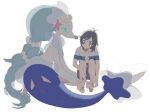  1boy antenna_hair aoaomzir bangs barefoot closed_mouth commentary_request elio_(pokemon) feet grey_eyes hands_on_feet highres male_focus medium_hair pokemon pokemon_(creature) pokemon_(game) pokemon_sm primarina shirt short_sleeves shorts sitting soles striped striped_shirt t-shirt toes white_background 