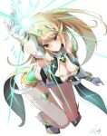  1girl bangs bare_legs bare_shoulders blonde_hair breasts chest_jewel cleavage cleavage_cutout clothing_cutout dress earrings elbow_gloves gloves highres jewelry l-phy large_breasts long_hair mythra_(xenoblade) short_dress swept_bangs thigh_strap tiara very_long_hair white_dress white_gloves xenoblade_chronicles_(series) xenoblade_chronicles_2 yellow_eyes 