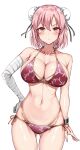  1girl :&lt; absurdres alternate_costume amagi_(amagi626) bandaged_arm bandages bangs bare_shoulders blush breasts chain cleavage collarbone commentary_request cuffs double_bun hand_on_hip highres ibaraki_kasen large_breasts looking_at_viewer navel pink_eyes pink_hair purple_swimsuit shackles short_hair simple_background solo standing stomach swimsuit thighs thong touhou v-shaped_eyebrows vine_print white_background 