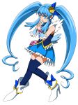  1girl absurdres bangs blue_bow blue_eyes blue_hair blue_legwear blue_skirt blue_vest bow commentary_request cure_princess earrings ebura_din eyebrows_visible_through_hair floating_hair full_body hair_between_eyes hair_bow happinesscharge_precure! highres jewelry long_hair miniskirt parted_lips pleated_skirt precure shiny shiny_hair shirayuki_hime simple_background skirt solo thighhighs twintails very_long_hair vest white_background white_footwear zettai_ryouiki 