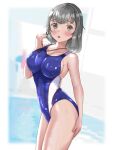  1girl :d bangs blue_swimsuit blush breasts collarbone competition_swimsuit covered_nipples cowboy_shot dripping grey_hair hand_on_own_thigh hand_up highres holding holding_whistle lanyard large_breasts looking_at_viewer mashinatsu one-piece_swimsuit open_mouth original outside_border pool shiny shiny_skin shiny_swimsuit sideboob smile solo standing swimsuit wet wet_clothes wet_swimsuit whistle 