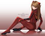  1girl anonamos arm_support artist_name ass blue_eyes brown_hair closed_mouth commentary copyright_name english_commentary evangelion:_3.0_you_can_(not)_redo eyepatch gradient gradient_background hair_over_one_eye highres interface_headset long_hair looking_at_viewer looking_back mixed-language_commentary neon_genesis_evangelion plugsuit rebuild_of_evangelion reflection solo souryuu_asuka_langley 