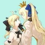  2girls ? ahoge artoria_pendragon_(caster)_(fate) artoria_pendragon_(fate) bangs black_gloves blonde_hair bohe_liang_you braid breasts commentary_request crown eyebrows_behind_hair eyebrows_visible_through_hair fate/grand_order fate_(series) gloves green_background green_eyes hair_ribbon hand_on_another&#039;s_chin highres long_hair looking_at_another looking_at_viewer multiple_girls ribbon saber_lily simple_background skirt smile 