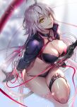  1girl ahoge bangs bikini black_bikini black_gloves black_jacket breasts choker cleavage commentary_request cropped_jacket fate/grand_order fate_(series) gloves highres jacket jeanne_d&#039;arc_(alter)_(fate) jeanne_d&#039;arc_(alter_swimsuit_berserker)_(fate) jeanne_d&#039;arc_(fate) katana large_breasts long_hair long_sleeves looking_at_viewer navel o-ring o-ring_bikini open_mouth red_legwear red_ribbon ribbon sheath shrug_(clothing) silver_hair single_thighhigh smile solo suishougensou swimsuit sword thigh_strap thighhighs thighs very_long_hair weapon yellow_eyes 