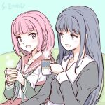  2girls artist_name blue_eyes blue_hair blush braid cup holding holding_cup hot_drink kamihama_university_affiliated_school_uniform long_hair magia_record:_mahou_shoujo_madoka_magica_gaiden mahou_shoujo_madoka_magica multiple_girls nanami_yachiyo pink_eyes pink_hair school_uniform serafuku sitting smile steam studiozombie tamaki_iroha 