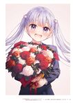  1girl 2021 :d bangs blazer blush bouquet copyright_name floating_hair flower highres holding holding_bouquet jacket long_hair long_sleeves looking_at_viewer new_game! official_art open_mouth orange_flower orange_rose page_number purple_eyes purple_jacket red_flower red_rose rose shiny shiny_hair silver_hair smile solo suzukaze_aoba tokunou_shoutarou twintails upper_body very_long_hair white_flower white_rose 