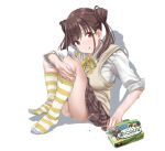  1girl :q bangs beige_vest blush box breasts brown_eyes brown_hair brown_skirt collared_shirt commentary_request cookie double_bun eyebrows_visible_through_hair food food_on_face hair_bun hamedoragon hugging_own_legs idolmaster idolmaster_shiny_colors kneehighs knees_up looking_at_viewer medium_breasts neck_ribbon panties pantyshot plaid plaid_skirt pleated_skirt revision ribbon school_uniform shirt sidelocks simple_background sitting skirt sleeves_rolled_up smile solo sonoda_chiyoko striped striped_footwear takenoko_no_sato_(food) thighs tongue tongue_out twintails two-tone_legwear underwear uniform vest vest_over_shirt white_background white_panties white_shirt yellow_ribbon 