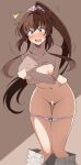  1girl bar_censor blush breasts brown_eyes brown_hair brown_sweater censored eyebrows_visible_through_hair flying_sweatdrops hair_between_eyes highres kantai_collection large_breasts long_hair long_sleeves navel nel-c nipples open_mouth panties pants panty_pull ponytail pussy ribbed_sweater solo sweater tears underwear very_long_hair white_panties white_pants yamato_(kancolle) 