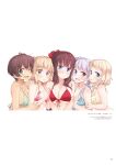  5girls :d ;d bikini bikini_top blonde_hair blue_bikini blue_eyes blush bow breast_press breasts brown_eyes brown_hair cleavage collarbone floral_print flower front-tie_bikini front-tie_top green_eyes hair_bow hair_flower hair_ornament halterneck highres iijima_yun large_breasts long_hair looking_at_viewer low_twintails medium_breasts mole mole_on_breast multiple_girls new_game! official_art one_eye_closed open_mouth page_number pink_bikini plaid plaid_bikini polka_dot polka_dot_bow ponytail print_bikini purple_eyes red_bikini red_bow red_ribbon ribbon sakura_nene shinoda_hajime shiny shiny_hair short_hair short_twintails sideboob silver_hair small_breasts smile strap_gap suzukaze_aoba swimsuit takimoto_hifumi tokunou_shoutarou tongue tongue_out twintails underboob upper_body very_long_hair white_bikini white_flower 