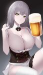  1girl absurdres alcohol bangs bare_shoulders beer beer_mug black_bow bow bowtie breasts corset cup detached_collar dodari dress eyebrows_visible_through_hair frilled_dress frills green_eyes hair_between_eyes head_tilt highres holding holding_cup hololive large_breasts looking_at_viewer medium_hair mug no_bra no_panties official_alternate_costume pale_skin parted_lips shirogane_noel short_dress side_slit single_thighhigh sitting solo strap_lift thighhighs thighs virtual_youtuber white_legwear 