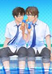  2boys ace_of_diamond bangs black_pants blue_sky blush brown_eyes brown_hair can closed_mouth glasses highres holding holding_can male_focus miyuki_kazuya multiple_boys necktie outdoors pants pants_rolled_up parted_lips pool poolside rio20011218 sawamura_eijun school_uniform shirt short_hair sideburns sitting sky soda_can water white_shirt 