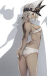  10mo 1girl arms_behind_back ass bare_shoulders beltbra breasts dark-skinned_female dark_skin guilty_gear guilty_gear_xrd hat highres looking_at_viewer medium_breasts ramlethal_valentine shadow short_hair short_shorts shorts simple_background solo standing white_background white_hair white_headwear white_shorts yellow_eyes 