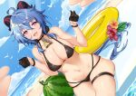  1girl :d absurdres ahoge bare_arms bare_shoulders bell bikini black_bikini black_choker black_gloves blue_hair breasts choker cleavage collarbone cowbell day dutch_angle food fruit ganyu_(genshin_impact) genshin_impact gloves goat_horns halterneck hands_up highres horns innertube kikimi large_breasts long_hair looking_at_viewer low_ponytail multi-strapped_bikini navel neck_bell open_mouth outdoors pink_eyes sitting skindentation smile solo stomach string_bikini swimsuit thigh_strap thighs very_long_hair watermelon wide_hips wristband 