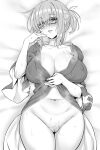  1girl bangs blush bottomless breasts cleavage collarbone fate/grand_order fate_(series) glasses greyscale hair_over_one_eye japanese_clothes kimono large_breasts long_sleeves looking_at_viewer lying mash_kyrielight monochrome navel on_back parted_lips short_hair short_ponytail smile solo thighs wide_sleeves zhen_lu 