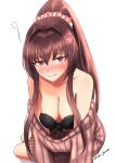  1girl bare_shoulders black_bra blush bra breasts brown_hair cherry_blossoms flower hair_flower hair_ornament highres kantai_collection long_hair long_sleeves looking_at_viewer md5_mismatch medium_breasts nose_blush off-shoulder_sweater off_shoulder official_alternate_costume ponytail red_eyes rekka_yamato sidelocks smile solo sweater underwear very_long_hair yamato_(kancolle) 