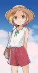  1girl bag brown_eyes cowboy_shot hat idolmaster idolmaster_cinderella_girls looking_at_viewer orange_hair ryuuzaki_kaoru shirt short_hair shorts shoulder_bag sky sleeveless sleeveless_shirt smile solo straw_hat yama_tatsuo 