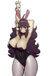  1girl :t absurdres ahoge alternate_breast_size animal_ears arm_up black_bow black_bowtie bow bowtie breasts curvy doublehero fake_animal_ears hex_maniac_(pokemon) highres large_breasts long_hair playboy_bunny pokemon pokemon_(game) pokemon_xy purple_eyes purple_hair rabbit_ears stretch thighs very_long_hair wrist_cuffs 