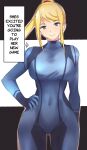  1340smile 1girl absurdres bangs blonde_hair blue_bodysuit blue_eyes blush bodysuit breasts english_text high_ponytail highres long_hair looking_at_viewer medium_breasts metroid metroid_dread mole mole_under_mouth ponytail samus_aran simple_background skin_tight smile solo typo upper_body zero_suit 