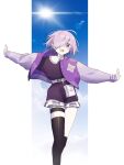  1girl alternate_costume asymmetrical_legwear belt belt_buckle black_legwear blue_sky buckle buttons commentary_request dress eyebrows_visible_through_hair fate/grand_order fate_(series) hair_over_one_eye highres jacket letterman_jacket light_purple_hair long_sleeves looking_at_viewer mash_kyrielight nikomicapchi one_eye_covered open_clothes open_jacket open_mouth outstretched_arms purple_dress purple_eyes purple_jacket short_dress short_hair sky smile solo sun sunlight tongue uneven_legwear white_belt 