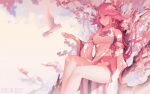  1girl animal_ears bangs bare_legs bare_shoulders bird branch breasts cherry_blossoms closed_mouth commentary detached_sleeves dove dress eyebrows_visible_through_hair feet_out_of_frame flower fox_ears from_below genshin_impact hair_between_eyes japanese_clothes large_breasts long_hair long_sleeves looking_at_animal pink_flower pink_hair priestess purple_eyes rimuu sitting solo thighs tree white_dress wide_sleeves yae_(genshin_impact) 